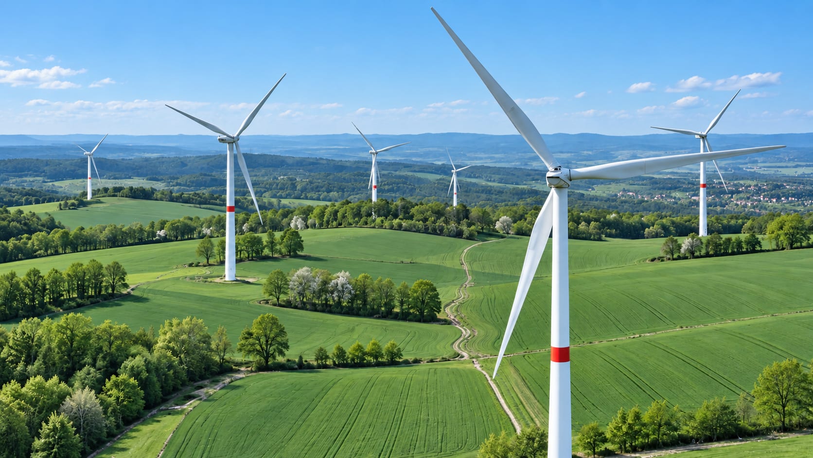 Windräder über grünen Feldern und Wäldern
